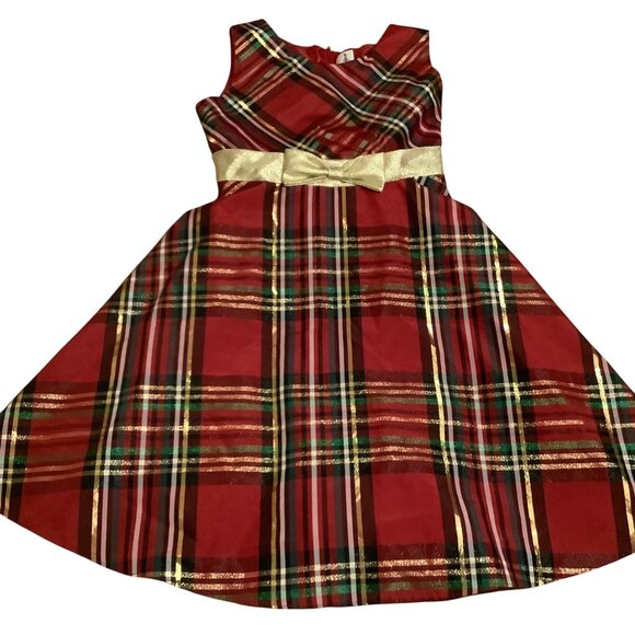 Rare Editions Girls Red Plaid Sleeveless Dress W/ Gold Bow Size 12 Holiday Party - Picture 1 of 10